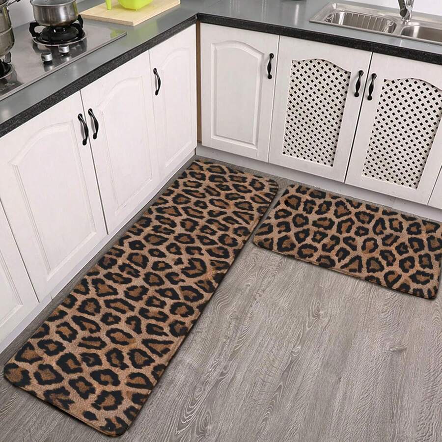 1/2/3pcs Cool Cheetah Leopard Pattern Kitchen Rug Set 2 PCS Floor Mats Washable Non-Slip Soft Flannel Runner Rug Doormat Carpet For Kitchen Bathroom LaundrySuitable For Both Indoor And Outdoor Use, Ideal For Hallways, Balconies,High-End Printed Kitchen Soft And Comfortable Standing Mat, Moisture-Absorbent And Anti-Slip, Durable And Stain-Resistant, Suitable For Bathroom Door, Kitchen, Dining Room, Coffee Shop Carpets, As Well As Living Room, Bedroom And Entry-Level Home - Multicolor - View 1