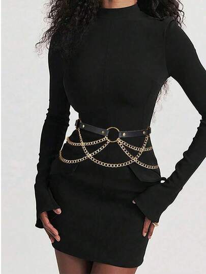 1pc Women's Black Leather Waist Chain, Sexy Tassel Chain Waist Belt, Fashion Stage Accessory