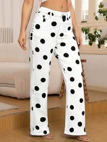 Pantalones rectos de primavera casuales con bolsillo delantero elástico a lunares en estilo retro dulce y nuevo - Blanco - Ver 2