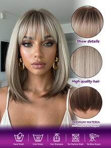 14英寸棕色渐变直发波波头假发，女士款，机织耐热合成假发，带刘海 - 漸層 - 查看 7