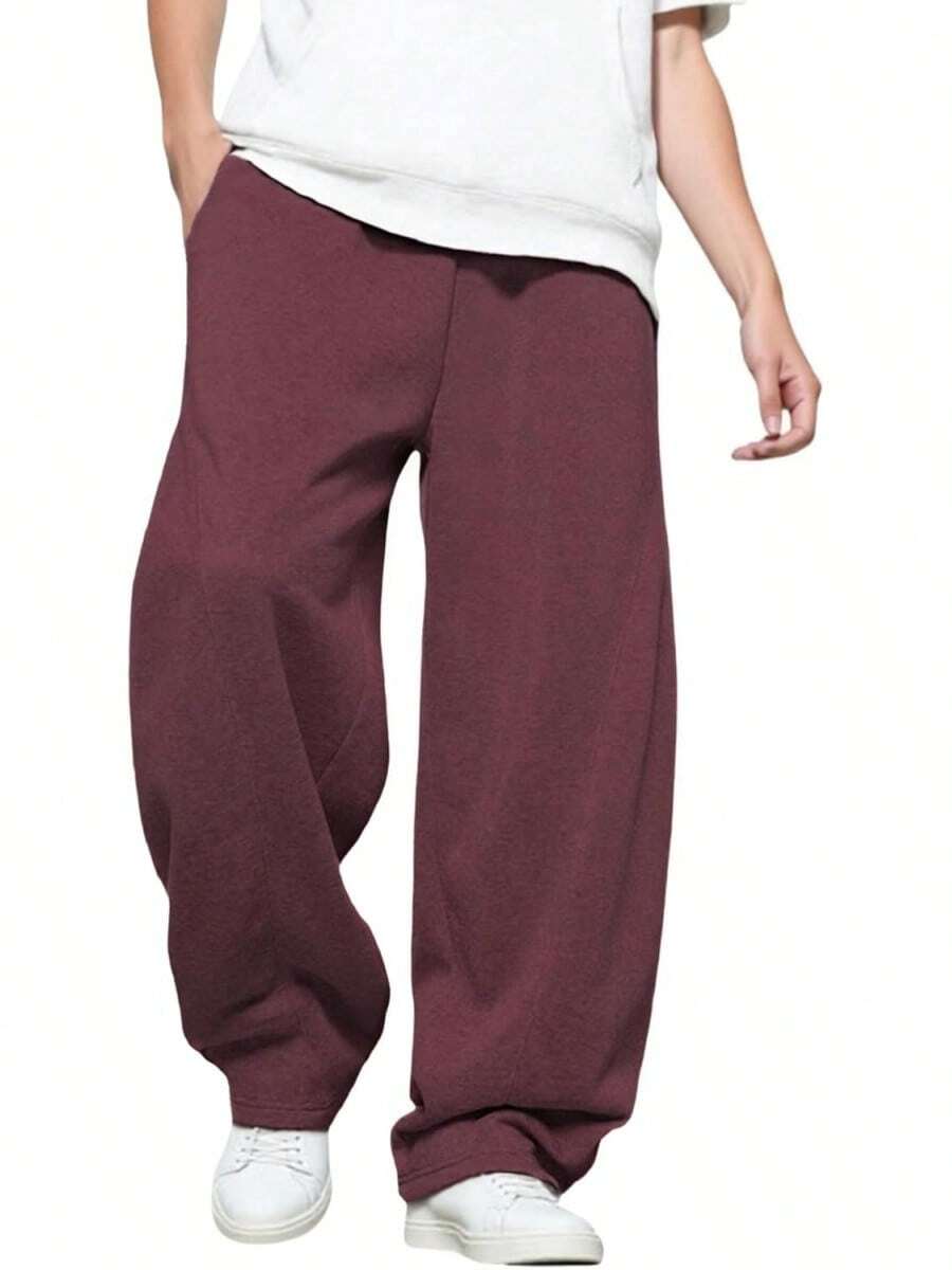 Men's Baggy Sweatpants With Elastic Waist, Casual Loose Cotton Joggers - 酒紅色 - 查看 1