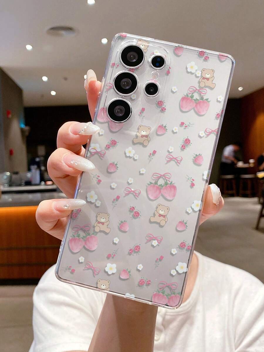 1pc Fashionable Cartoon Bow, Bear, Flower, Strawberry Pattern Transparent Soft TPU Shockproof Anti-Scratch Anti-Fingerprint Phone Case, Camera Lens Protection Compatible With Samsung, Nothing, Pixel, - Multicolor - View 1