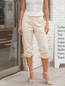 Women's Spring Summer Capri Pants Drawstring Cuff Solid Color Slim Fit Cropped Trousers - 卡其色 - 查看 3