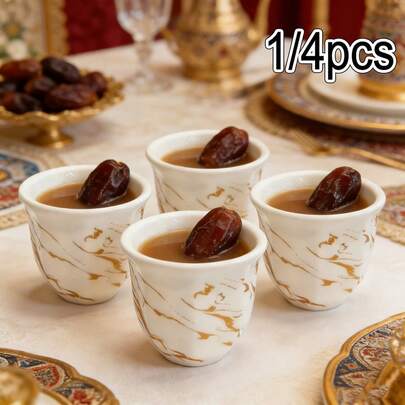 1/4pcs 190ml/6.4oz Middle Eastern Style Octagona Ceramic Coffee Cups, Luxurious Golden Marble Design Porcelain Espresso Cups, Handleless Ceramic Tea Cups For Coffee, Pomegranate Juice,Tea