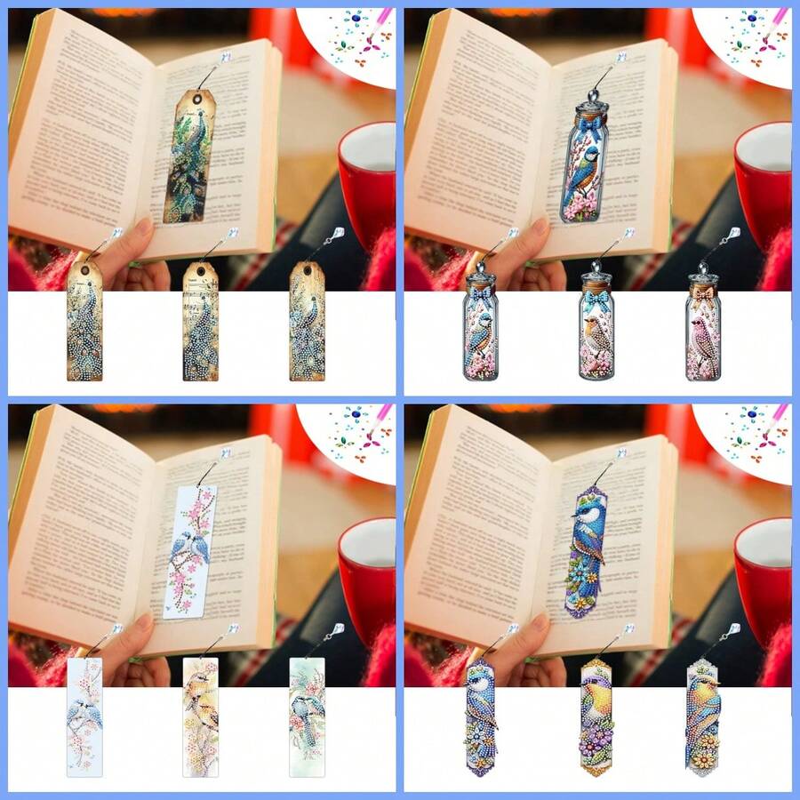 3pcs Diamond Painting Bookmarks - Peacock, Bird Series Patterns, Acrylic Material With Special Shaped Gems Pendant, For Home Office Supplies Reading, Hobbyist Gifts