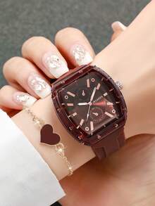 2pcs/Set Women's Silicone Watch With Barrel Shape Dial, Numeric Scale Dial, & Elegant Quartz Wristwatch + Heart-Shaped Bracelet (Watch Box Not Included) - Brown - View 2