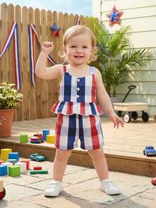 4th Of July Toddler Girl Outfit Strip Star Printed Sleeveless Tops Elastic Waist Shorts Girls Summer Clothes - 紅色 - 查看 5