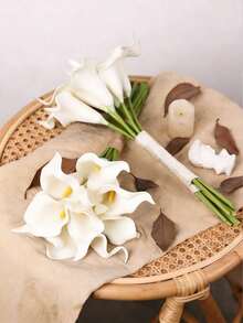 12支白色仿真花，丝绸马蹄莲和百合，13.4英寸，适用于母亲节、复活节、家居、厨房、婚礼装饰 - 可用于婚礼装饰、新娘背景道具、花束、胸花、腕花、婚礼拱门、派对装饰、礼品装饰、餐厅中心摆件 - 白色 - 查看 3