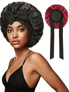 Double Layer Satin Sleep Cap With Bowknot Ribbon | Wide Brim, High Elasticity, Stretch Fit, All-Season, Lightweight, Fabric For Women. - Color - View 5