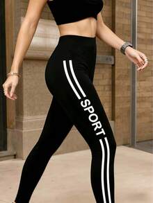 女士高腰运动印花七分紧身裤，弹力收腹瑜伽裤，适合跑步、健身、日常休闲穿着 - 黑色 - 查看 3