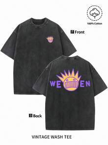 Men's 'WEEN' Pattern Pink Retro Sun Burst Design, Soft Washed Cotton, Round Neck Short Sleeve Summer Casual Streetwear, Machine Washable Unisex Vintage Washed Cotton Short Sleeve T-Shirt,Vintage Washed Tee,Gender Neutral Faded Easter Egg Graphic Crew Neck Tee - 黑色 - 查看 1