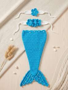 3件套手工钩织美人鱼尾巴服装新生儿摄影道具婴儿派对礼服派对礼物婴儿摄影服装 - 彩色 - 查看 6