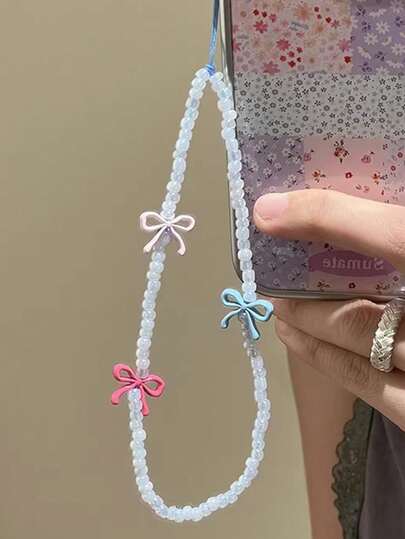 1 Piece Cute Cartoon Alloy Bow Pearl Mobile Phone Lanyard, Ins Style Simple Korean Style Mobile Phone Ornament Bag Pendant Car Keychain