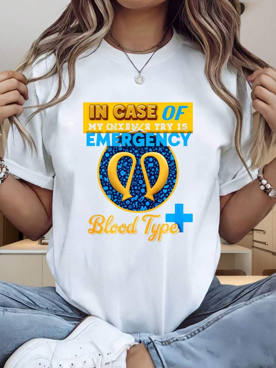 Casual Fashion Women's T-Shirt Blood Type O Positive Emergency Design Summer Wear Gift For Friends And Family - 白色 - 查看 1