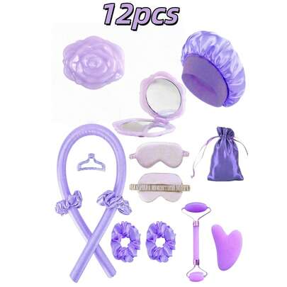 Bộ dụng cụ chăm sóc tóc và giấc ngủ 12 món, bao gồm máy uốn tóc, 1 vỏ gối lụa (cỡ Queen - dịu nhẹ cho tóc và da), dụng cụ uốn tóc không nhiệt bằng lụa, máy uốn tóc qua đêm, 1 mặt nạ ngủ mềm mại, 1 mũ ngủ bằng lụa, bộ đồ dùng thiết yếu cho giấc ngủ, phụ kiện tóc, con lăn massage mặt, sản phẩm chăm sóc tóc, dụng cụ uốn tóc, bộ tạo kiểu tóc, đồ dùng cần thiết cho mùa tựu trường/du lịch, bộ đồ dùng dự tiệc 1/3/7/8/10 món, màu hồng.