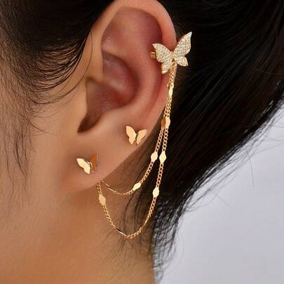 Fashionable Design Inlaid With Ear Cuffs And Stud Earrings Set, 2 Pieces