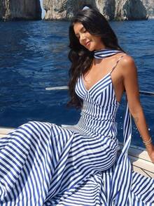 Chic And Girly Vacation Outfits Women Lace Up Blue Striped Slim Fit Dress Fresh Style Waist Trimming Dress - 藍色 - 查看 5
