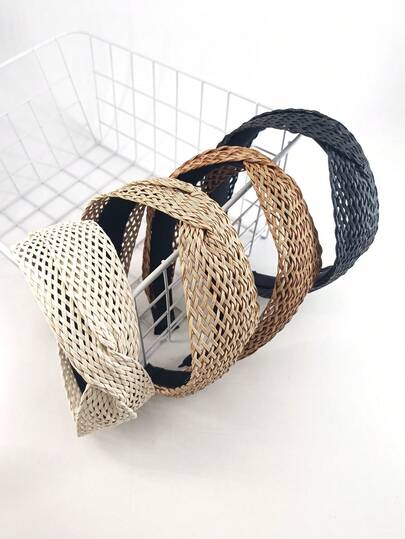 1pc Solid Color Casual Rattan Woven ABS Plastic Headband, Suitable For Daily Wear