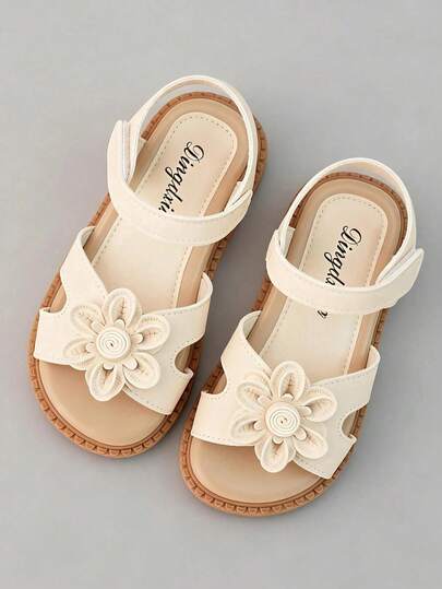2025 New White Girls' 3D Flower Sandals, Woven Detail Open Toe Flat Shoes With Adjustable  Strap, Soft Non-Slip Sole Princess Sandals For Daily Wear & Party (3-12Y)
