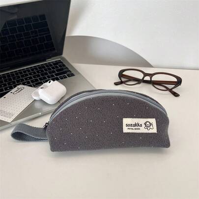 1pc Fashion Polka Dot Wool Pencil Case, Minimalist Storage Bag, Portable Student Large Capacity Stationery Box