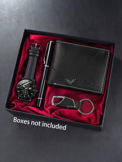 4pcs/Set Boys' Casual Fashion Round Pointer PU Leather Quartz Watch, Wallet, Pen, Keychain Combo Set, Suitable For Daily Wear, Birthday/Holiday Gift, Great For Back To School, Gathering, Travel, Graduation, Father's Day, Gift For Friends And Family