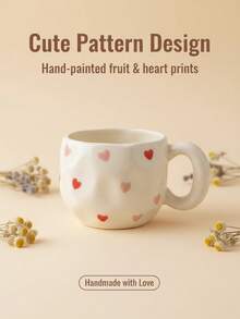 1pc Ins Style Hand-Painted Cherry & Strawberry Ceramic Cup, Asymmetrical Embossed Body, Breakfast Coffee Mug, Girly Desktop Water Cup, Party Afternoon Tea Cup, Red Tea Cup, Large Capacity Water Mug, Coffee Cup - Multicolor - View 3