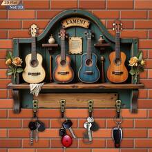 Vintage Wooden Guitar Shaped Key Hook, Multi-Functional Home Key Holder With 4 Metal Hooks, Suitable For Wall Decor, Porch Decor, Room Decor, Villa Decor, And Seasonal Home Hanging Rack Decor - Nhiều màu - Xem 4