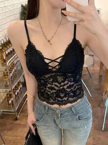 性感蕾丝吊带背心，适合内搭或外穿 - 黑色 - 查看 4