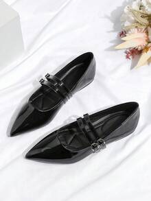 Zapatos planos tipo Mary Jane de punta fina y minimalistas para mujer - Negro - Ver 2