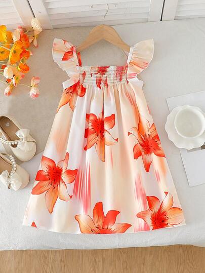 Girls' Flowy Floral Print Loose Dress, Suitable For Vacation, Birthday Party, Daily Wear, Beach Trip, Family Travel