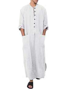 Men's Long Sleeve Cotton Robe Kaftan For Beach Casual Wear - 01-màu kaki - Xem 4