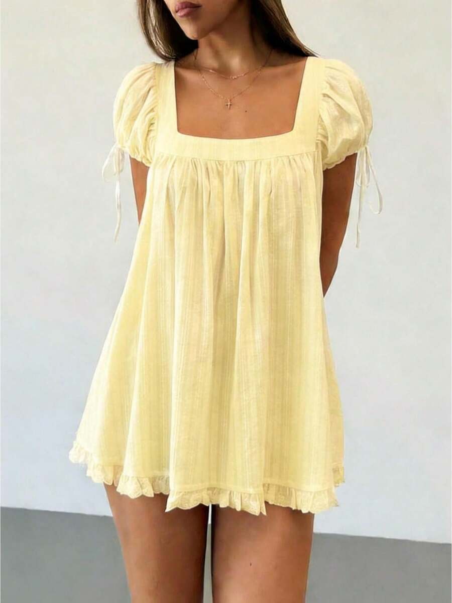 Women's Square Neck Puff Sleeve Babydoll Top Lace Trim Ruffle Hem Blouse Summer Casual Flowy Tunic Top For Beach Vacation - Light Yellow - View 1