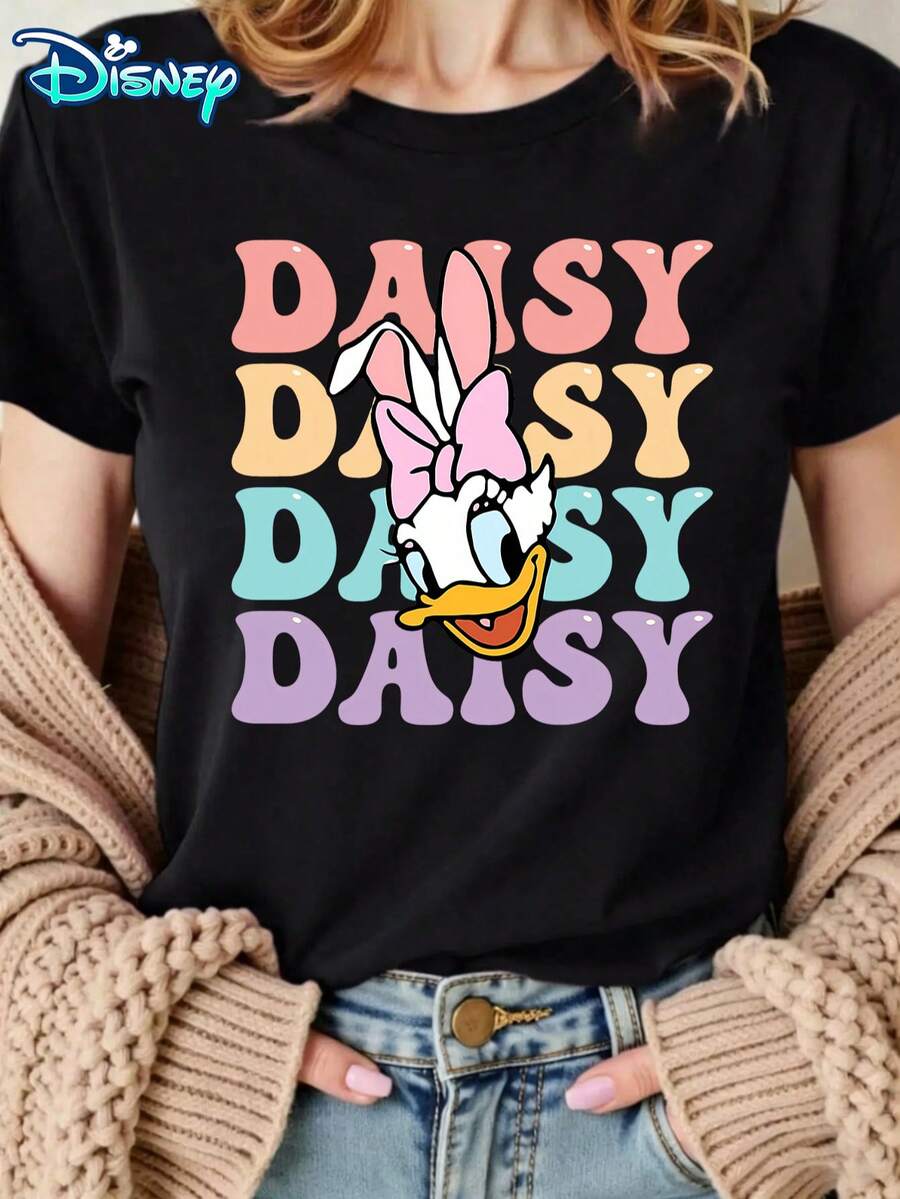 Disney Women's Mickey & Friends Easter Bunny Egg Character Collage Short-Sleeved T-Shirt - Easter Egg & Bunting Theme Round-Neck Top, Soft Cotton Breathable Fabric, Summer Casual Style, Suitable For Easter Celebrations - màu đen - Xem 1