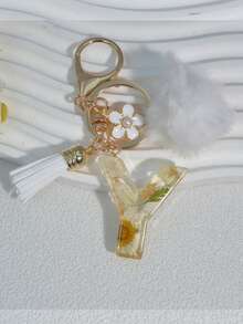 1pc White Daisy Dried Flower Letter Keychain, Embossed Tassel Pom Pom White Pearl Flower Keyring Gift - White - View 26