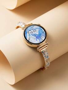 Light Luxury Oil Painting Metal Linked Strap Suitable For Galaxy Watch 7/6/5/4 Strap 40 Mm 44mm 47mm 46mm 41mm,Galaxy Watch 5 Pro 45mm,Galaxy Active 2,Galaxy The Watch 3,18/20/22mm, Compatible With HW Watch 5/4/3/2/1 And GT5/4/3/2, As Well As HW Watch Fit3/Fit4 And HW Band 8/9/10NFC - Gold - View 3