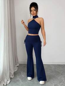 Women's Navy Blue Solid Sexy Elegant Casual Halter Neck Open Back Ruched Tie Side Flared 2 Piece Set Spring Summer Party Beach Vacation Spring Break Festival Season Graduation Season Summer Matching Pant Sets Outfits - Navy Blue - View 4