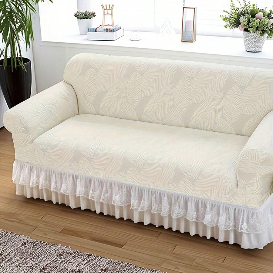 1pc Ruffled White Jacquard Stretch Sofa Cover, Thick Elastic Slipcover For 1/2/3/4 Seater Sofa, Lace Trim, Soft Fabric For Living Room, Bedroom, Study - Beige - View 1