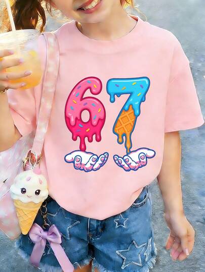 Teen Girl Ice Cream Cartoon Print T-Shirt, Suitable For Girls Outdoor Sports, Casual Daily Wear, Street Style, Campus Style, Fashionable Girls Spring/Summer Versatile Top