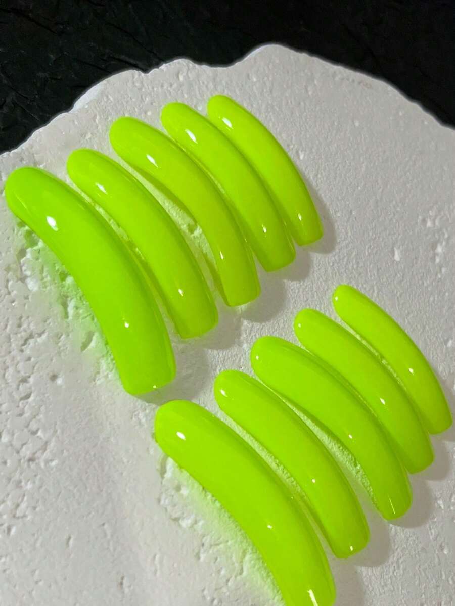 10片亮面纯色长弧形可佩戴美甲贴片，可卸式假指甲，霓虹粉/霓虹绿可选，派对魅力风格 - 綠色 - 查看 1