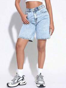Women High Waist Bermuda Shorts, Casual Loose Style Jeans Shorts - 輕洗 - 查看 5