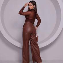 Women's Wide-Leg Pants In Faux Leather With Pockets, High Waist, Elegant And Modern - São João - 鏽棕色 - 查看 2
