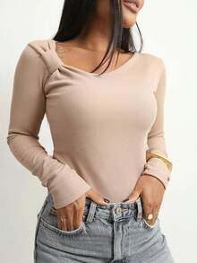 Women's Long Sleeve Blouse With Oblique Collar, Pleated, Flannel Lined, Casual, Autumn/Winter, Elegant - 奶油色 - 查看 2