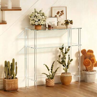 玄关桌，小型玄关桌，适合公寓，窄型控制台桌，宠物友好型客厅装饰带置物架，独特设计边桌，电话桌，高品质加厚床头柜，适用于走廊、客厅、卧室，透明亚克力材质