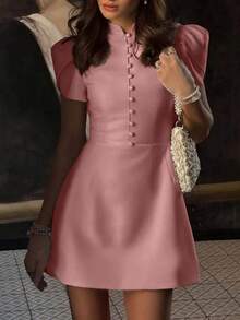 女士优雅粉色领口透气泡泡袖单排扣收腰高腰迷你连衣裙，时尚通勤连衣裙，设计感十足，适合春夏约会和外出穿着。 - 粉色 - 查看 3