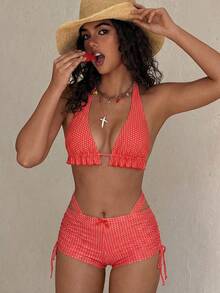 PEPPERMOLLY Bộ đồ bơi 3 mảnh chấm bi đỏ kiểu retro dành cho nữ - Áo tankini hai dây xếp ly kết hợp với quần bikini gợi cảm và quần short bơi, thích hợp cho bãi biển, hồ bơi và kỳ nghỉ hè. - Đỏ - Xem 1