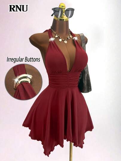  Vestido de mujer RNU sexy y elegante con tirantes finos, diseño de lazo, decoración con hebilla metálica, ajustable, tela elástica de punto de unicolor, bajo asimétrico, cintura fruncida. Adecuado para el Día de San Valentín, fiestas, citas, reuniones con amigos, así como la temporada de bodas.