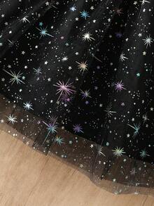 1pc Girls Casual Solid Color Soft Comfortable Woven Fabric With Ruffle Splice Star & Polka Dot Pattern Mesh Bubble Short Sleeve Mid-Length Dress, Suitable For Outdoor Wear, Spring/Summer - Black - View 7