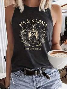 Print Tank Top, Casual Crew Neck Sleeveless Summer Tank Top, Women'S Clothing - Xám - Xem 1