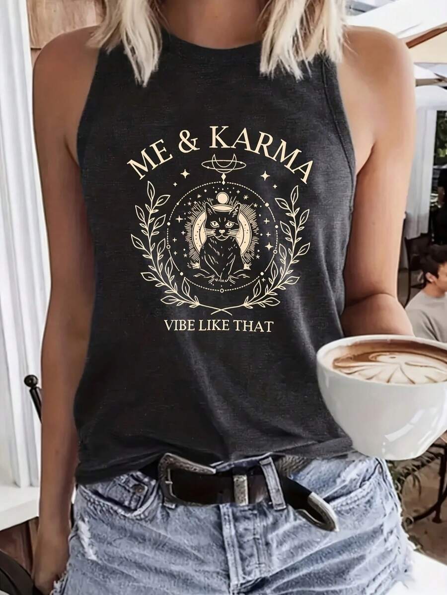 Print Tank Top, Casual Crew Neck Sleeveless Summer Tank Top, Women'S Clothing - Xám - Xem 1