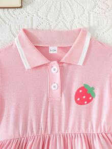 Strawberry Print Short Sleeve Lapel Open Front Casual Dress, Summer - Pink - View 3